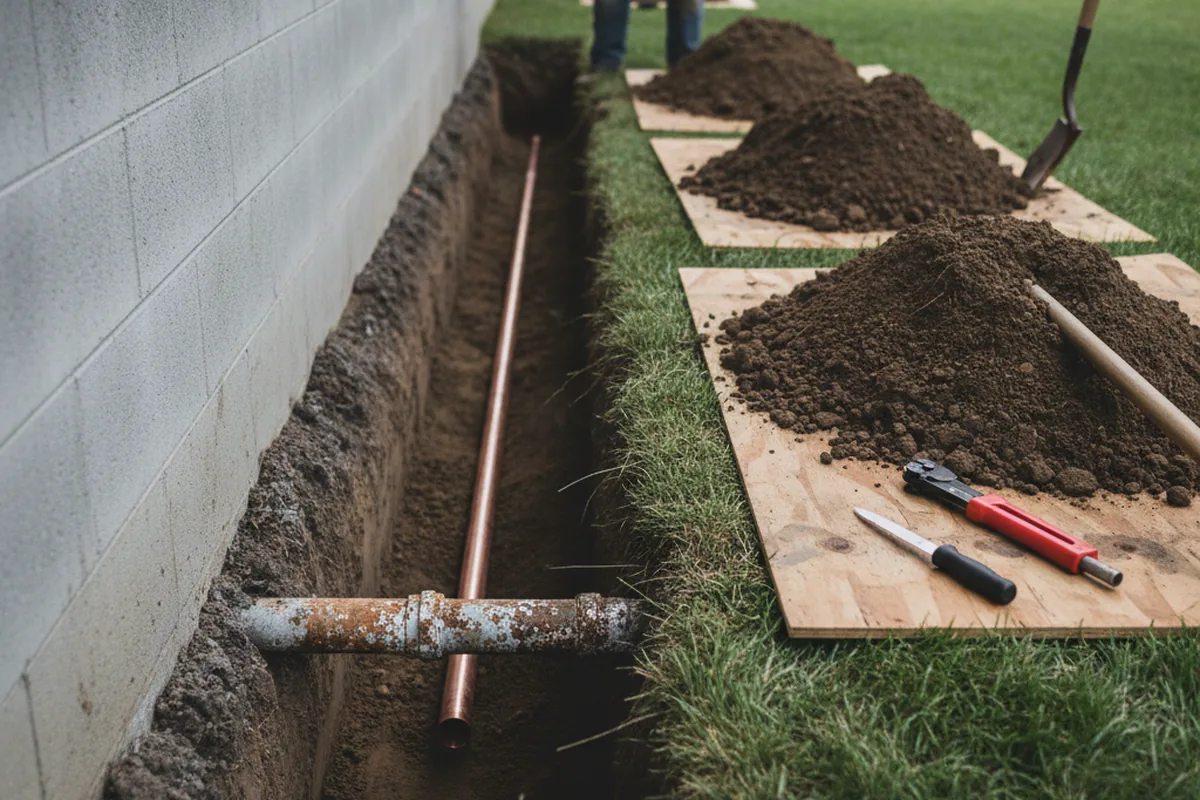 Excavated water line trench during Water Softener Installation in New London